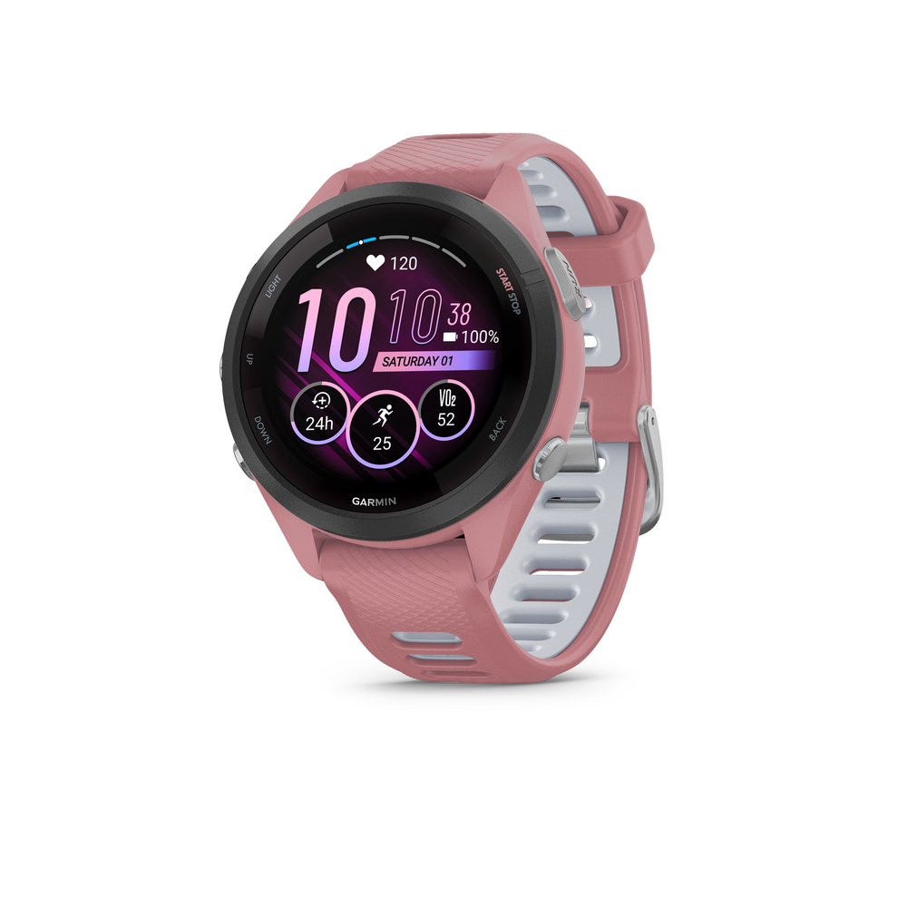 Garmin Forerunner 265S Black Bezel with Light Pink Case and Light Pink/Powder Gray Silicone Band